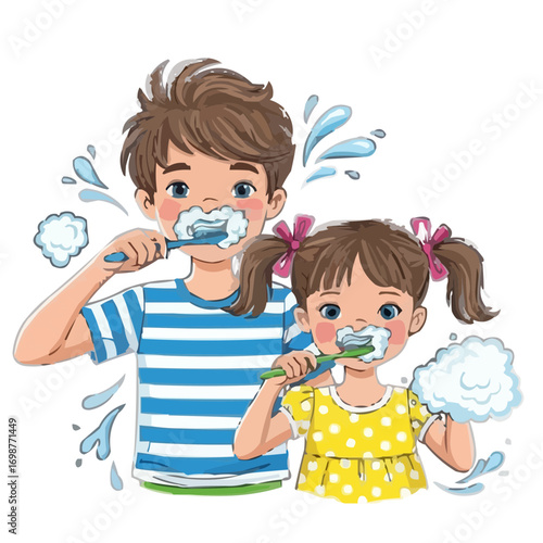 Siblings Brushing Teeth Together – Vector Illustration