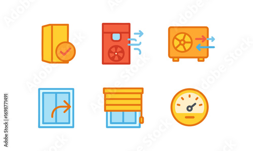 Colorful flat icons of air ventilation, window controls, and pressure gauge for home systems