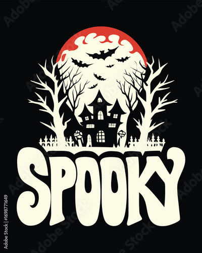 Spooky Halloween Graphic Featuring Haunted House Bats and Full Moon Design
