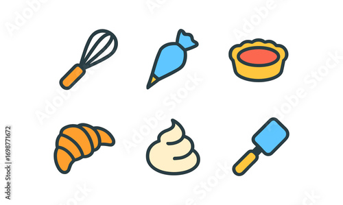 Colorful baking tools and pastries icons for kitchen and bakery design