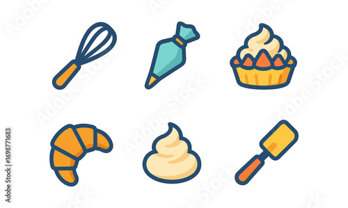 Colorful baking tools and treats icon set: whisk, pastry bag, cupcake, croissant, cream, spatula