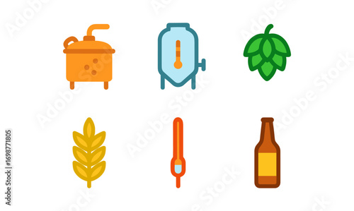 Craft beer brewing icons set featuring equipment and ingredients in flat design