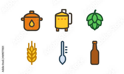 Brewing essentials icons featuring flat design elements for beer making and crafting