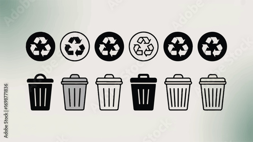 A collection of waste management and recycling icons arranged in a grid format 