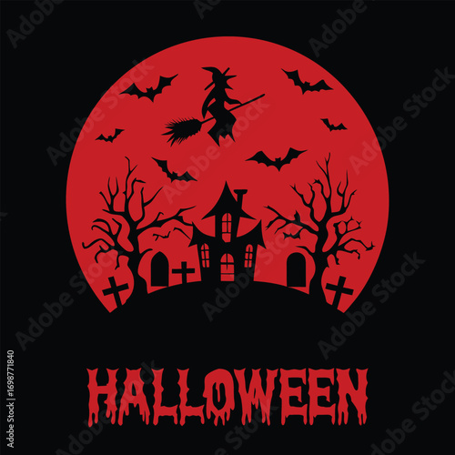 Spooky Halloween Night Design with Witch Bats and Haunted House