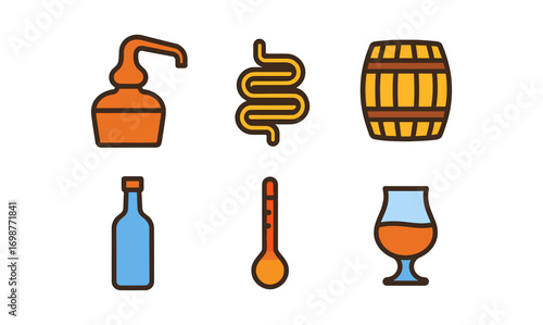 Whiskey icons set: distillery equipment, barrel, bottle, thermometer, glass
