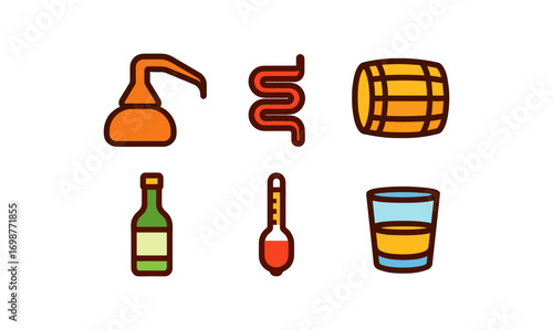 Distillery icons: essential symbols of whiskey production in a flat style