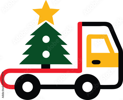 Stylized delivery truck carrying Christmas tree has a gold star and transparent background