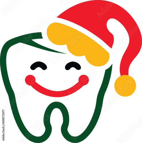 Smiling green bordered tooth is wearing red santa hat on transparent background