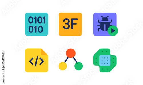 Colorful tech icons set with technology and software symbols