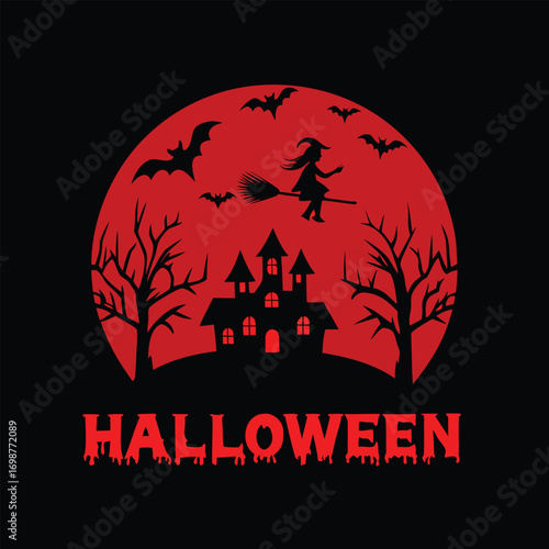 Spooky Halloween Night Silhouette with Witch, Bats and Haunted House Design