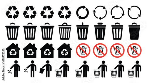 A collection of waste management and recycling icons arranged in a grid format 