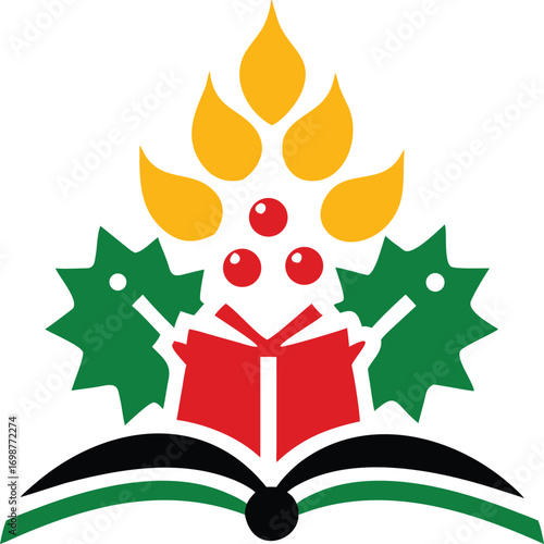 Holly, book, berries, and petal elements are combined in a colorful flat symbol