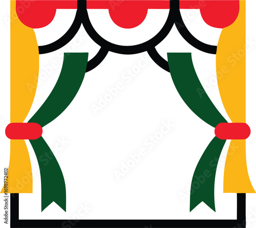 Stylized red valances surmount green curtains and yellow panels within a square frame