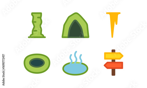 Colorful cave and nature icons set for adventure and hiking themes
