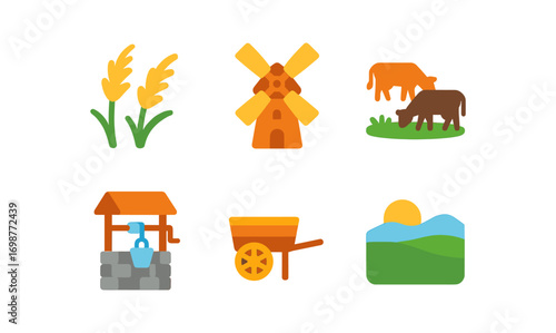 Colorful farming elements set featuring animals, plants, and equipment in flat design