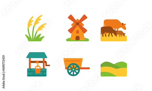 Colorful flat farm icons featuring crops, windmill, livestock, and cart