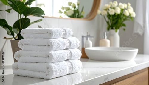 Stack of white towels on a marble countertop in a bathroom