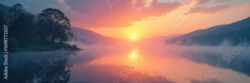 Serene sunrise over a tranquil lake, mist gently rising, conveying a sense of peace and ethereal beauty Perfect for meditation, yoga, or spiritual themes , morning, beauty