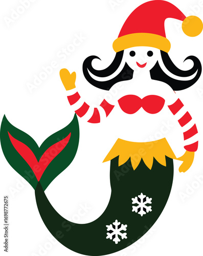 Smiling cartoon mermaid is wearing a red Santa hat and festive holiday colors