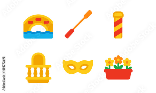 Venice icon set: bridge, gondola oar, mask, balcony, flowers
