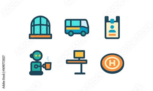 Modern flat icons set featuring public transport, technology, and work essentials