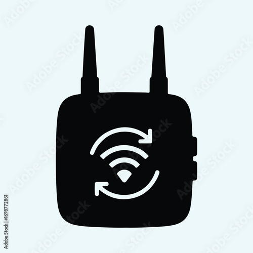 Illustrator Vector Wifi repeater with antenna signal refresh silhouette