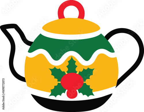 Festive teapot adorned with holly leaves and vibrant colors presents a charming holiday theme