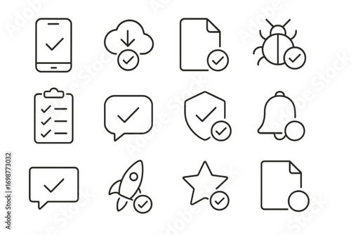 App Approval Icons. Line style icons of app submission approvals: approved app icon, update released, accepted app store form, bug
