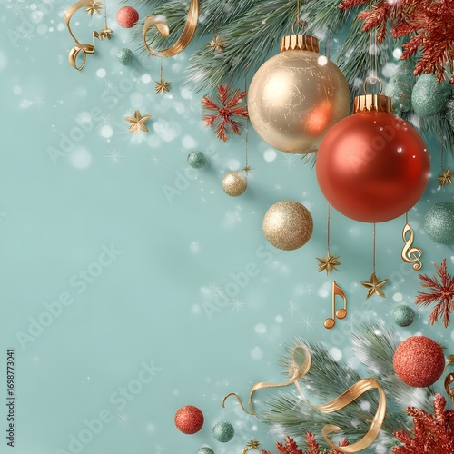 Elegant Christmas background with gold and red ornaments, fir branches, musical notes and sparkles on a pastel blue backdrop. Minimalist festive composition with copy space.