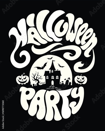 Spooky Halloween Party T-shirt Design with Haunted House and Pumpkins