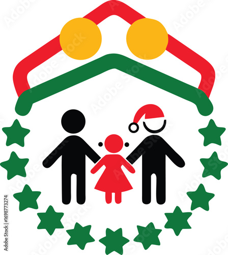 Black and red family icon with star wreath and festive headdress on transparent background