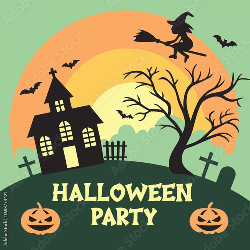 Festive Halloween Party Design with Spooky Elements and Cheerful Pumpkins