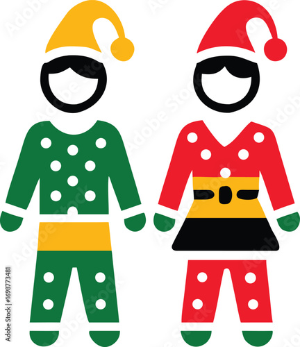 Two holiday figures dressed in colorful festive attire stand isolated on white background