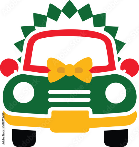Whimsical green vehicle shows a yellow bow and jagged red and green decorations