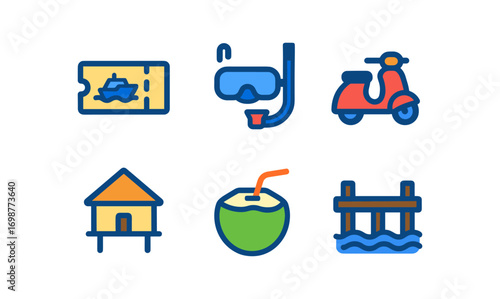 Colorful travel icons set: adventure, leisure, and vacation elements in modern design