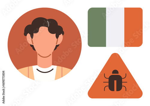 Simplistic person portrait with neutral features, Ireland flag, and triangular insect warning symbol. Ideal for identity, nationality, safety, online threats, environmental caution, bugs diversity