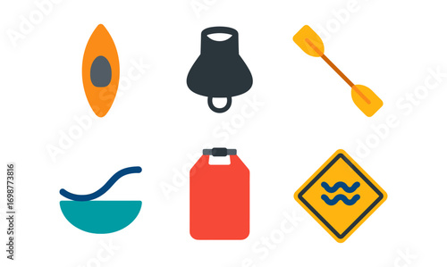 Outdoor adventure equipment icons set for kayaking and rafting enthusiasts