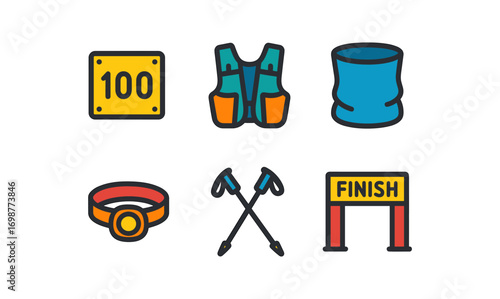 Colorful hiking equipment icons set with outdoor gear elements