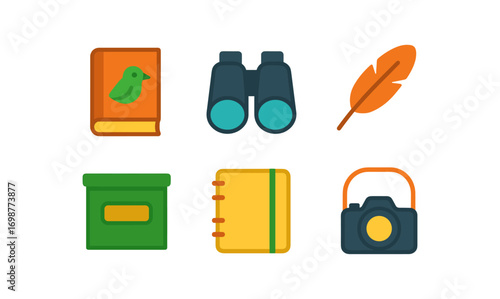Colorful icon set featuring birdwatching and nature-themed objects