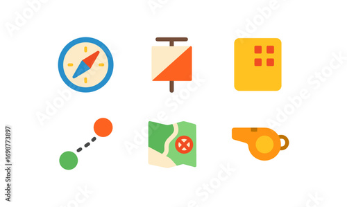 Colorful navigation and orienteering icons in flat style