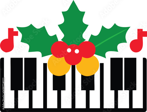 Piano keys display festive holly and bright musical notes in a vector