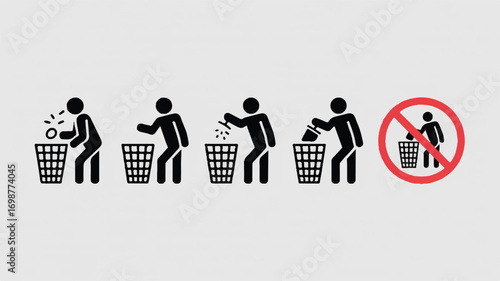 A set of minimalist black and white pictograms showing proper waste disposal behavior