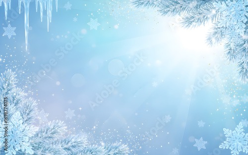 Wallpaper Mural Blue winter background with light rays, snowflakes, and snowy branches. Torontodigital.ca