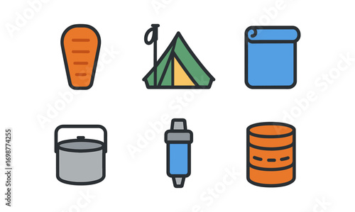Camping gear essentials: tent, sleeping bag, water filter, pot, mat, barrel in modern flat design