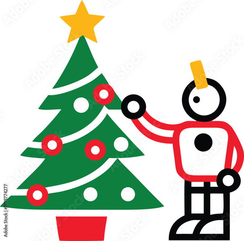 Geometric figure is decorating a holiday Christmas tree with round ornaments cheerfully