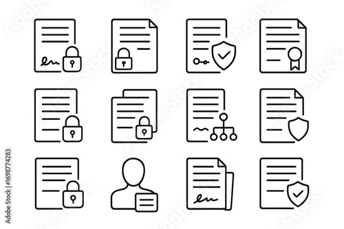 NDA Icons Collection. Line style icons of NDA agreements: signed confidentiality agreement, non-disclosure form, private info