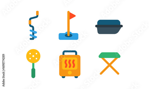 Colorful flat icons of camping equipment and tools for outdoor adventures