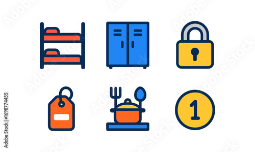 Colorful outline icons: lock, bunk bed, locker, key tag, cooking pot, number one