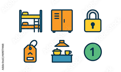 Flat design icons: bunk bed, locker, lock, tag, kitchen, number